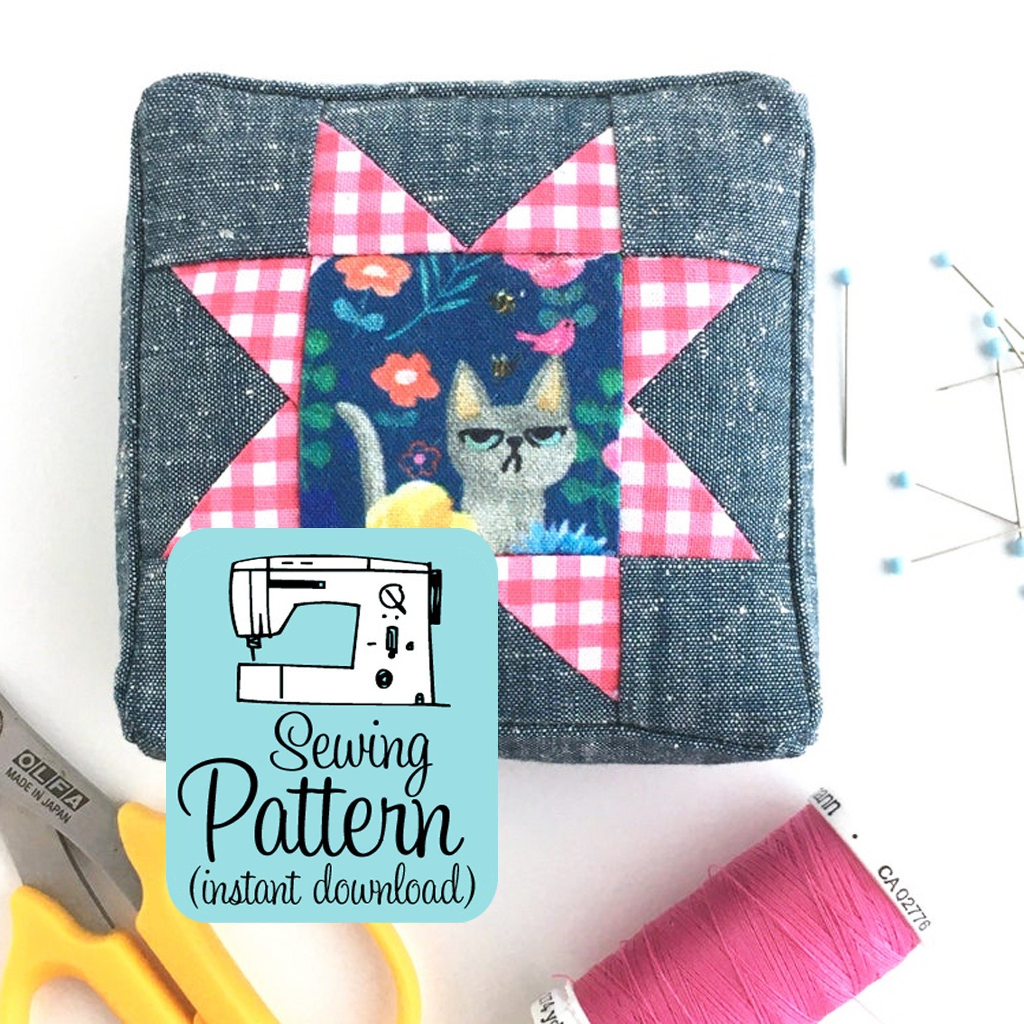 Square pincushion with Sawtooth Star block top.