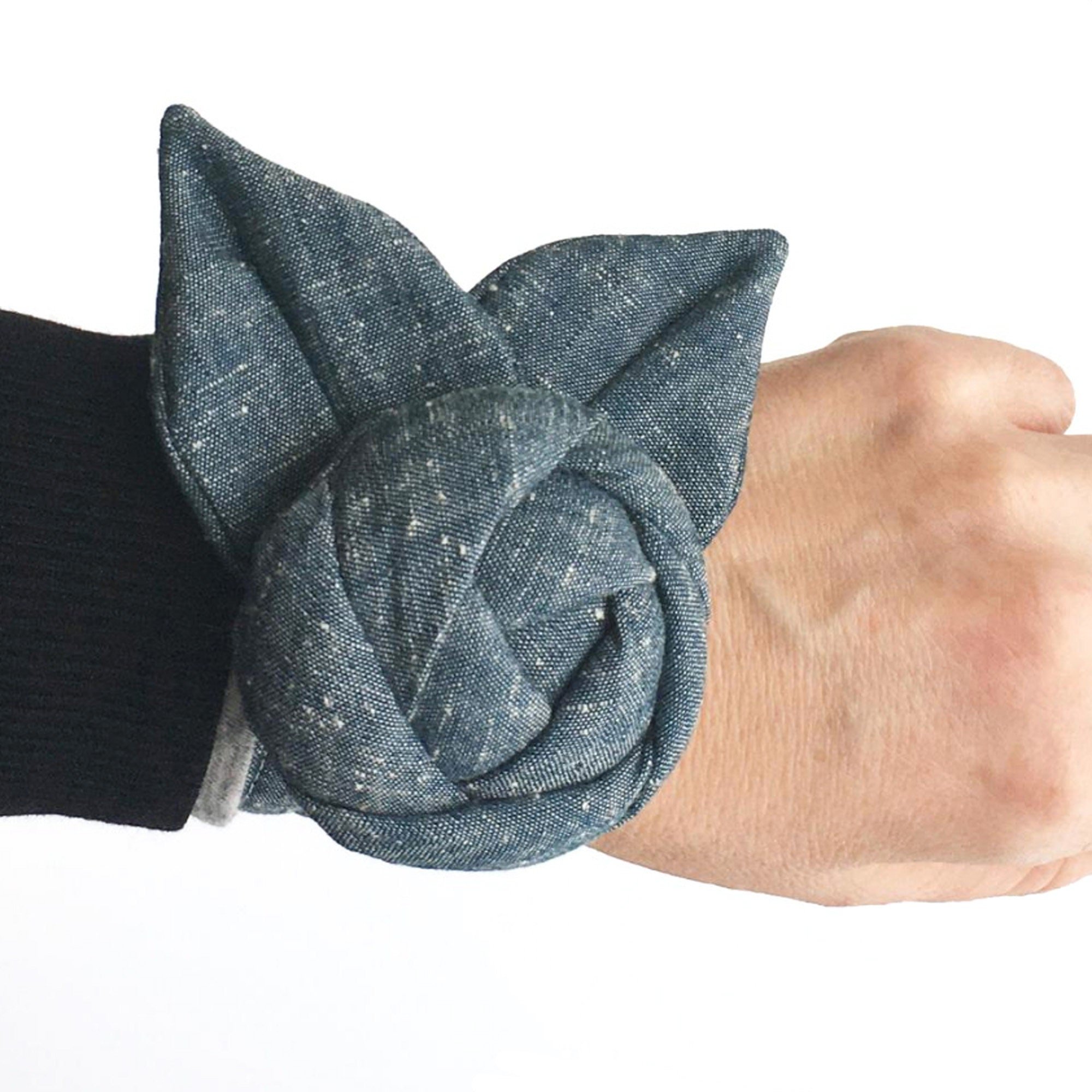 Chambray Rose Pincushion Cuff being worn for size reference.