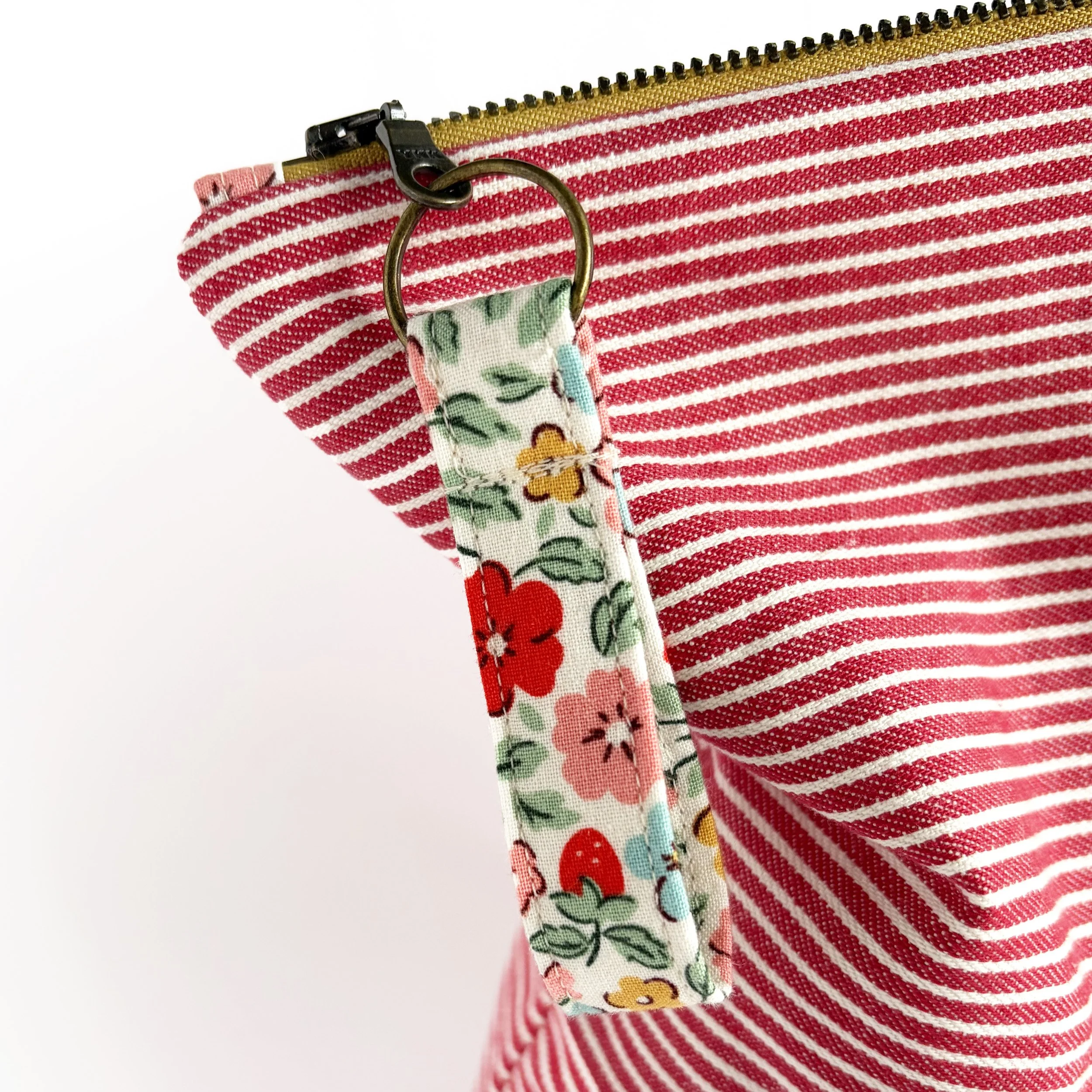 Red and White Striped Denim Zipper Pouch