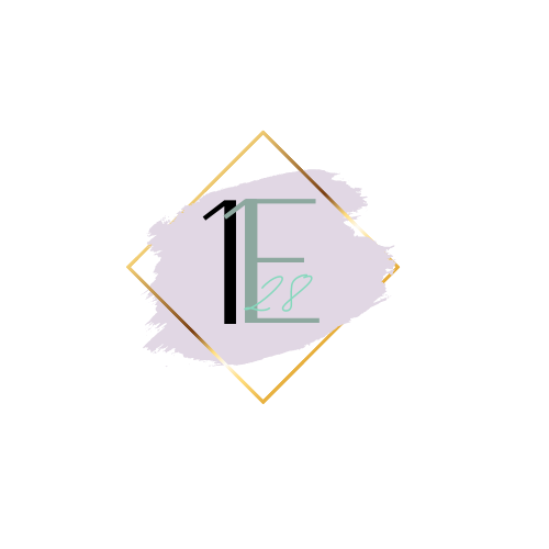 Elegant logo with the text '1E 28' inside a gray brushstroke, surrounded by a geometric gold diamond shape, on a black background.