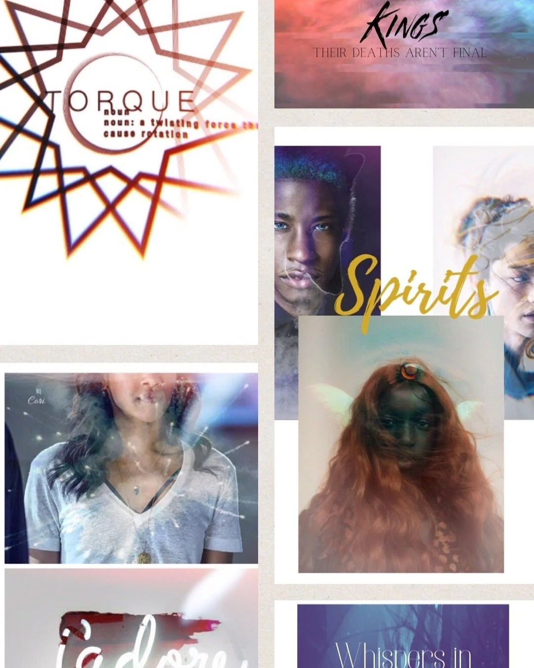 Collage of several artistic photos featuring people with creative overlays, including text like 'Spirits' and 'Kings', and abstract designs.