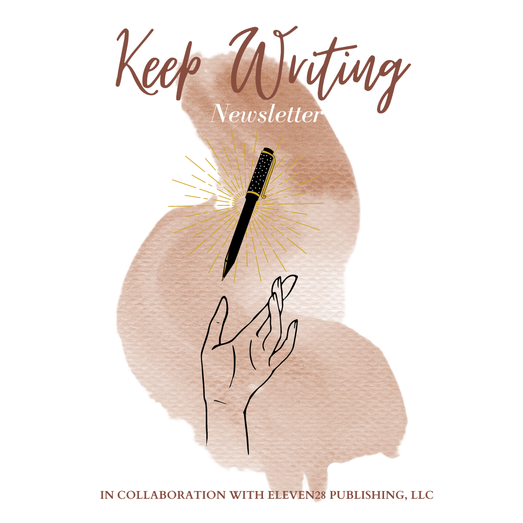Design for a newsletter titled 'Keep Writing' featuring a stylized hand holding a pen with a watercolored background and decorative text.