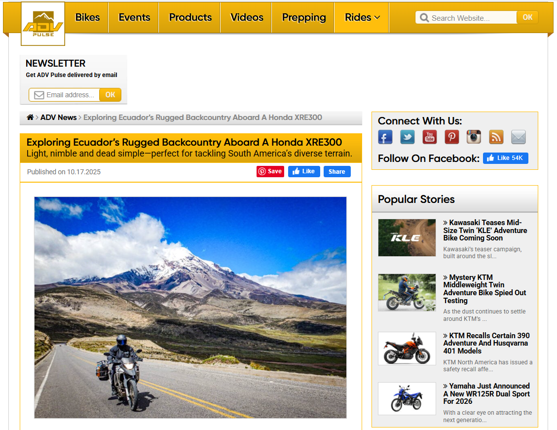 EXPLORING ECUADOR'S RUGGED BACKCOUNTRY ABOARD A HONDA XRE300 - 
ADV Pulse so brings all the best Adventure Bike content together in a single location