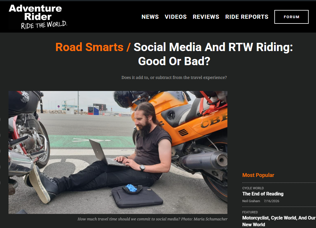 SOCIAL MEDIA AND RTW RIDING: GOOD OR BAD? - 
Adventure Rider is an internationally popular
website and forum about all things Adventure Motorcycling