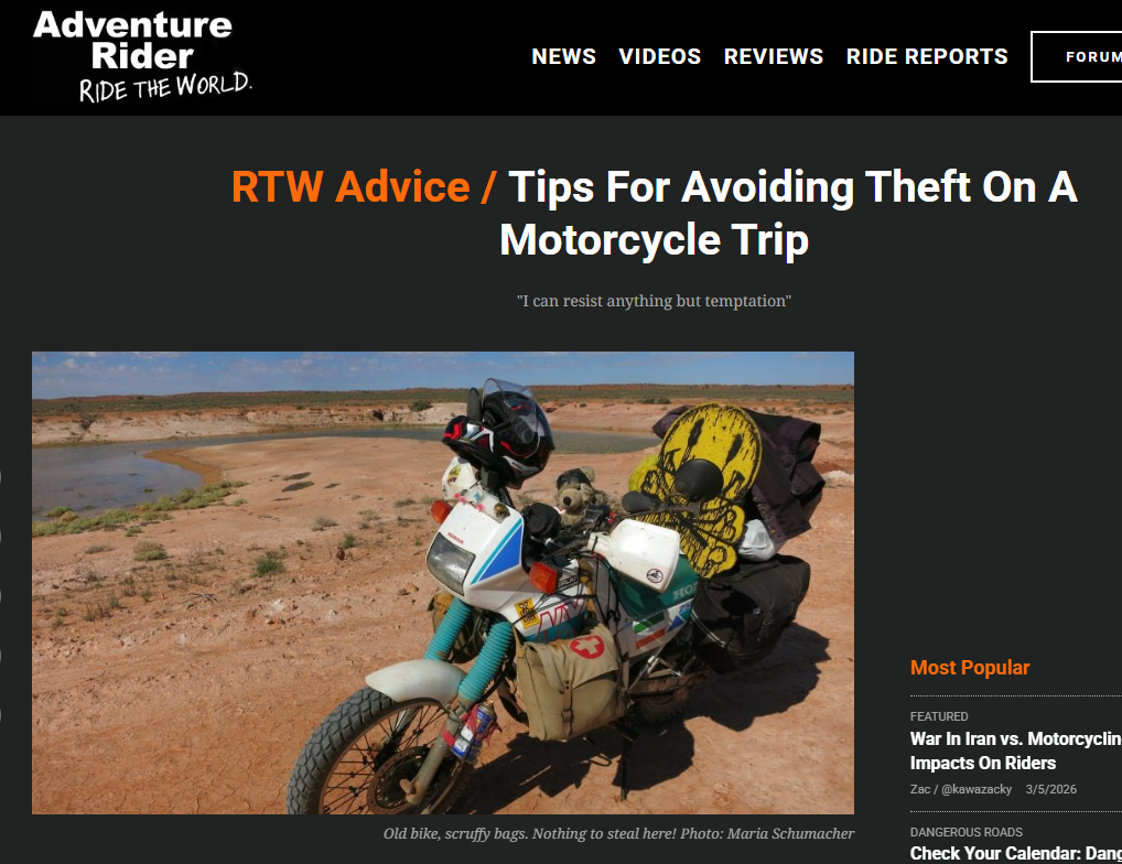 TIPS FOR AVOIDING THEFT ON A MOTORCYCLE TIP - 
Adventure Rider is an internationally popular
website and forum about all things Adventure Motorcycling