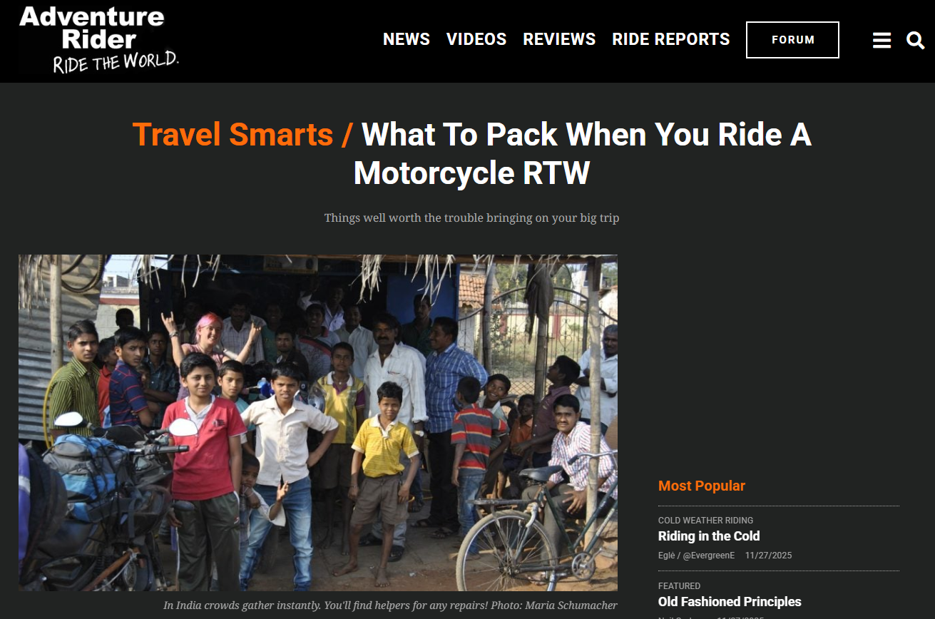 WHAT TO PACK WHEN YOU RIDE A MOTORCYCLE RTW - 
Adventure Rider is an internationally popular
website and forum about all things Adventure Motorcycling -  2025 November
