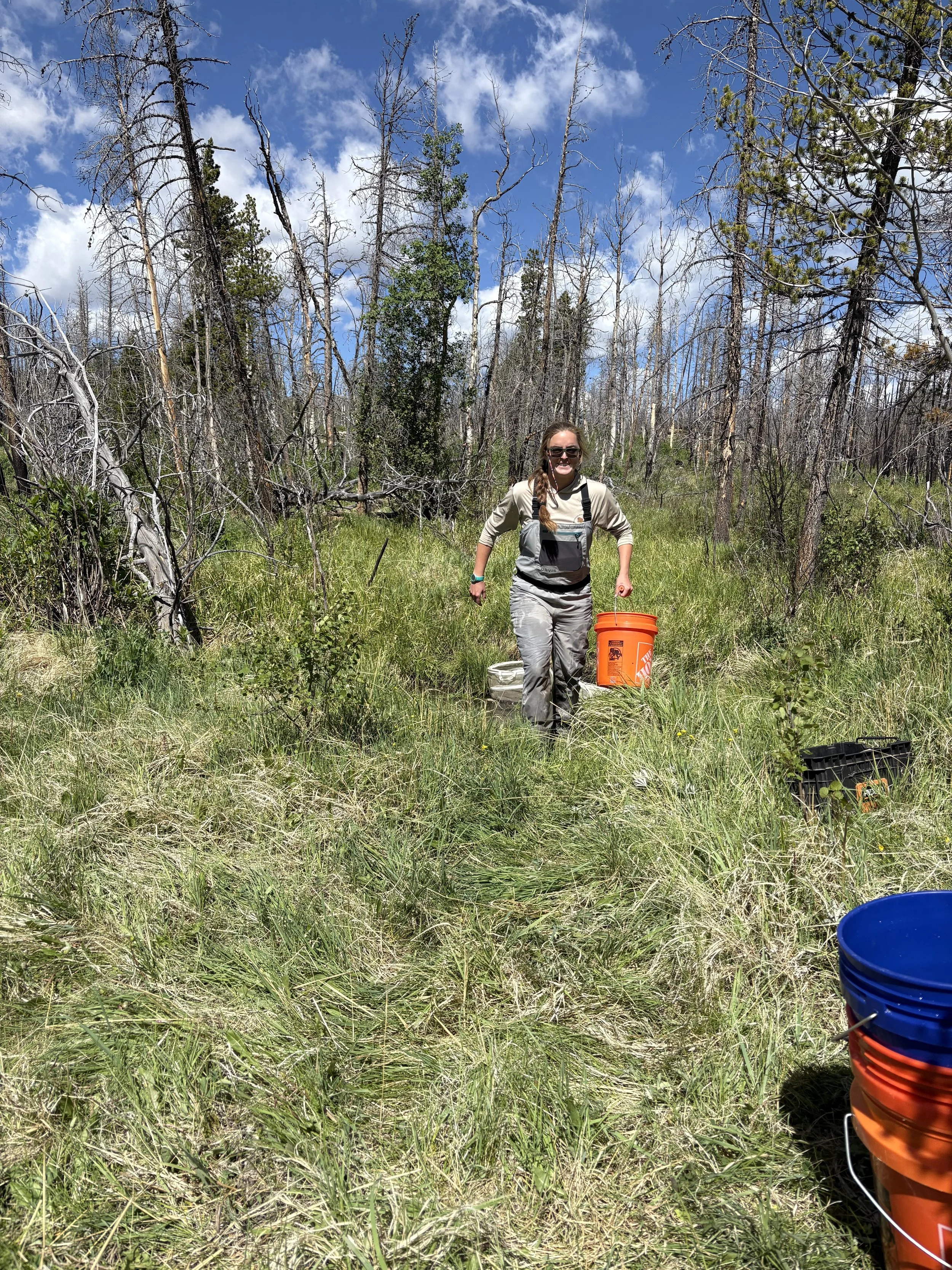 A woman wearing waders carries an orange bucket toward the camera