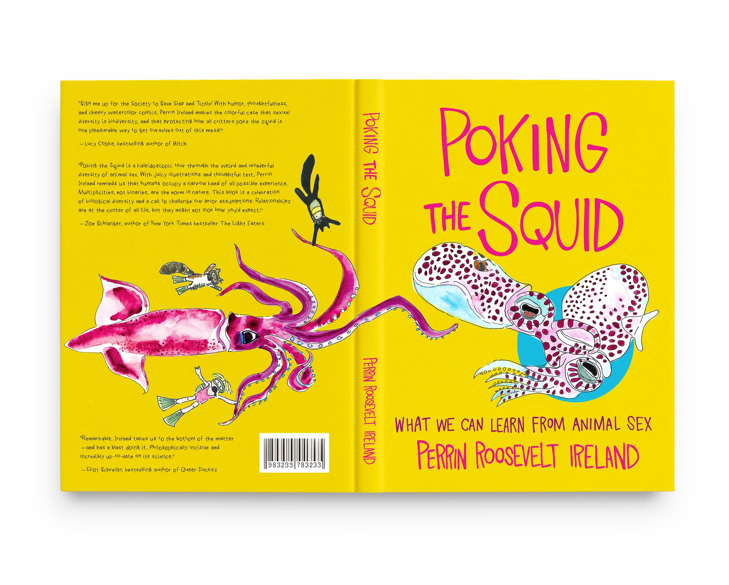 An image of the front and back covers of "Poking the Squid", a vibrant yellow hardcover book with watercolor illustrations of squids