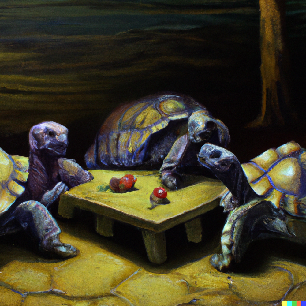 DALL·E 2022-08-19 14.20.35 - Oil painting in the style of Caravaggio of three desert tortoises playing poker in a Mexican cantina at night.png