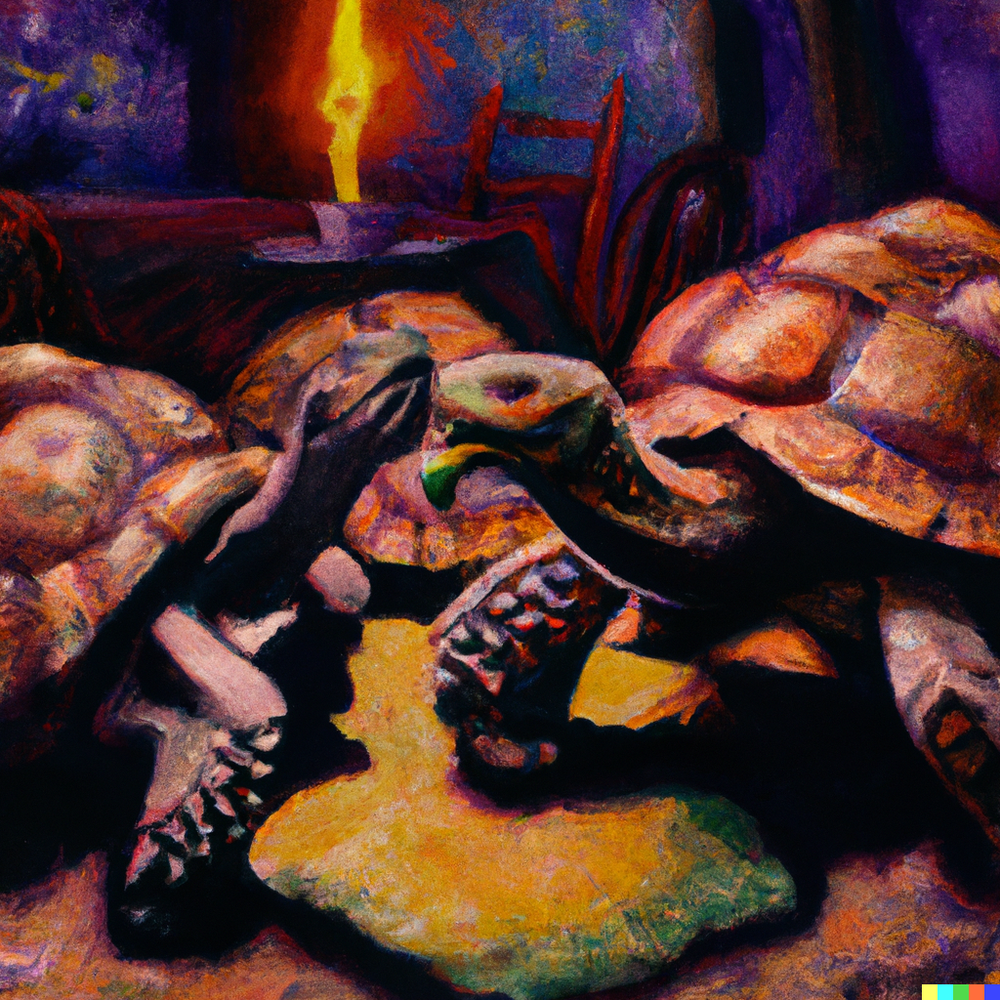 DALL·E 2022-08-19 14.20.59 - Oil painting in the style of Caravaggio of three desert tortoises playing poker in a Mexican cantina at night.png