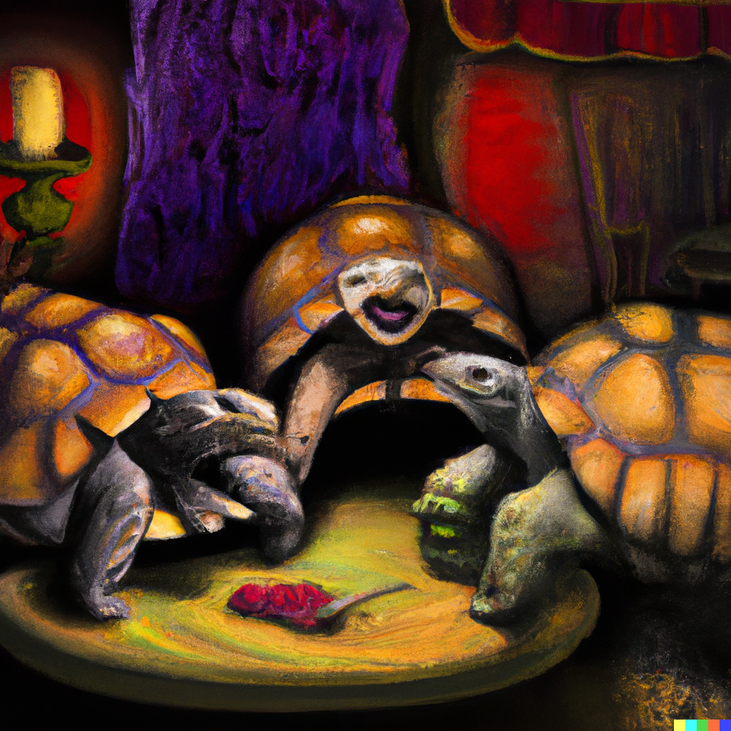 DALL·E 2022-08-19 14.21.36 - Oil painting in the style of Caravaggio of three desert tortoises playing poker in a Mexican cantina at night.png