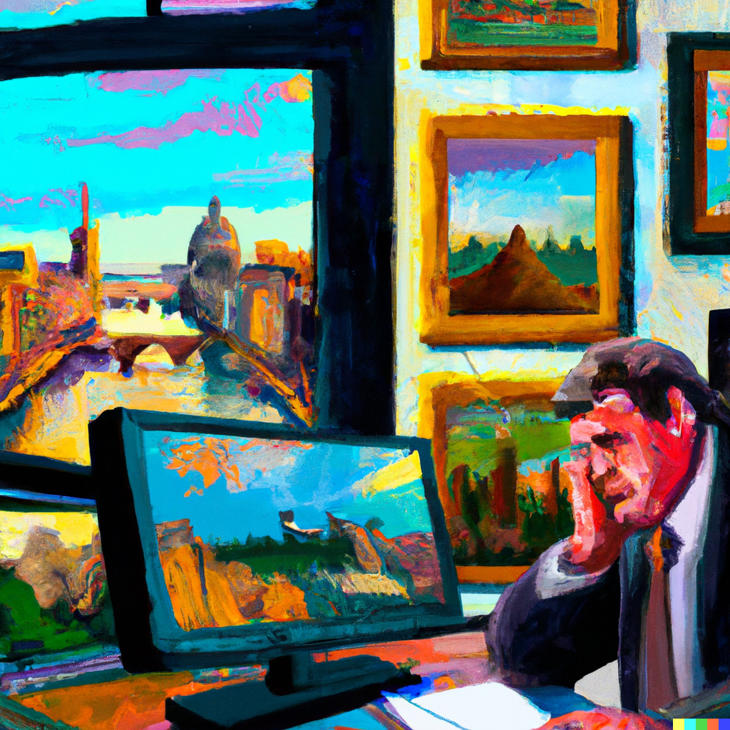 DALL·E 2022-08-20 12.43.45 - an overworked travel agent in an office with a window looking over a series of European capital monuments in the style of Paul Cezanne  digital art.png