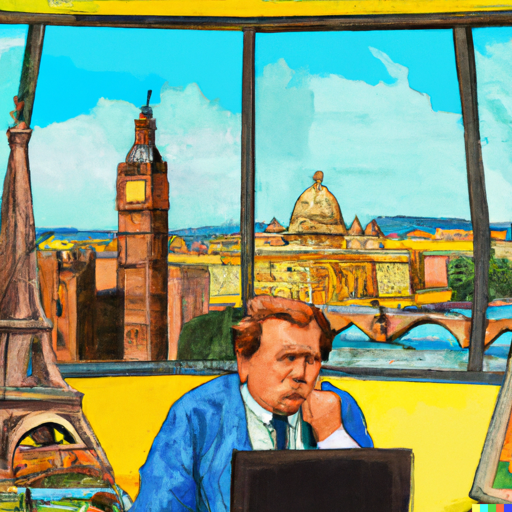 DALL·E 2022-08-20 12.43.48 - an overworked travel agent in an office with a window looking over a series of European capital monuments in the style of Paul Cezanne  digital art.png