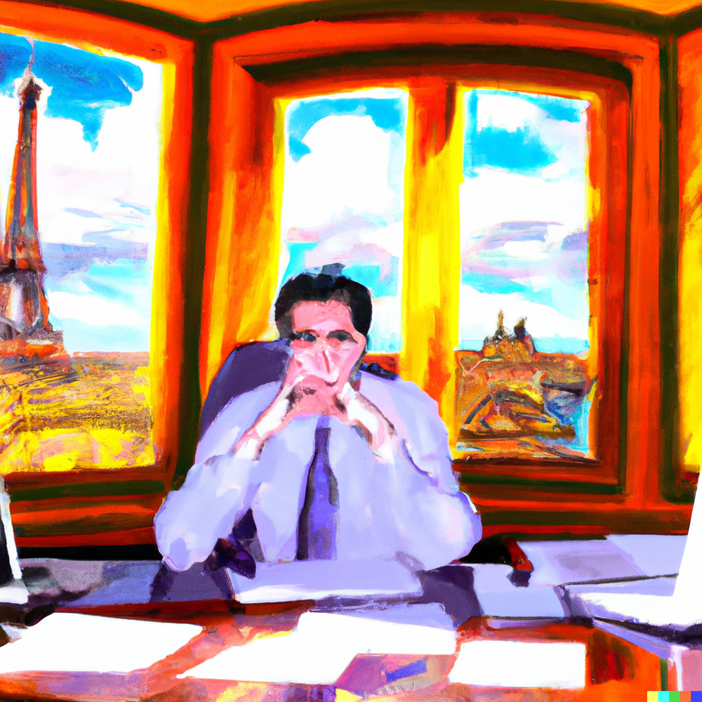 DALL·E 2022-08-20 12.43.51 - an overworked travel agent in an office with a window looking over a series of European capital monuments in the style of Paul Cezanne  digital art.png