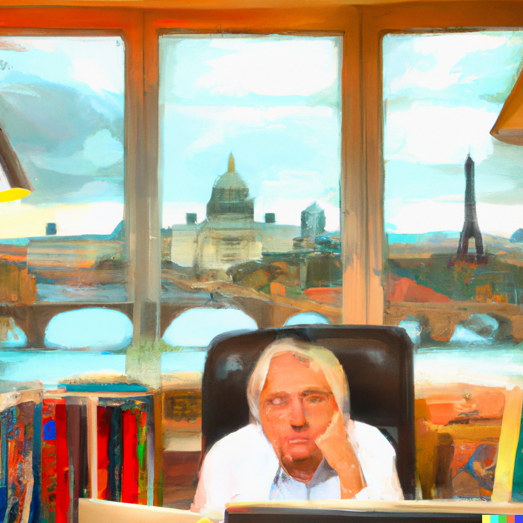 DALL·E 2022-08-20 12.46.59 - an overworked middle-aged thin Swedish travel agent with grey hair in an office with a window looking over a series of European capital monuments in t.png