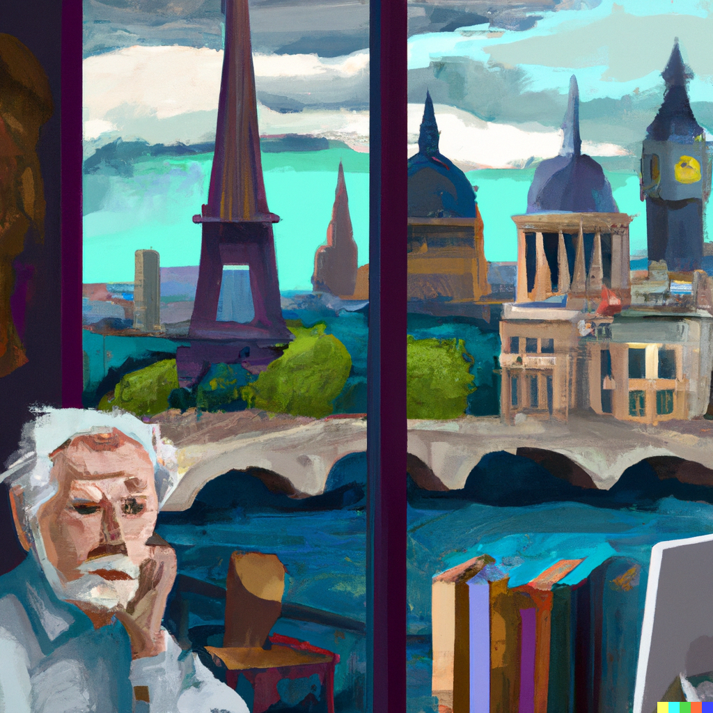 DALL·E 2022-08-20 12.45.26 - an overworked travel agent with grey hair in an office with a window looking over a series of European capital monuments in the style of Paul Cezanne .png