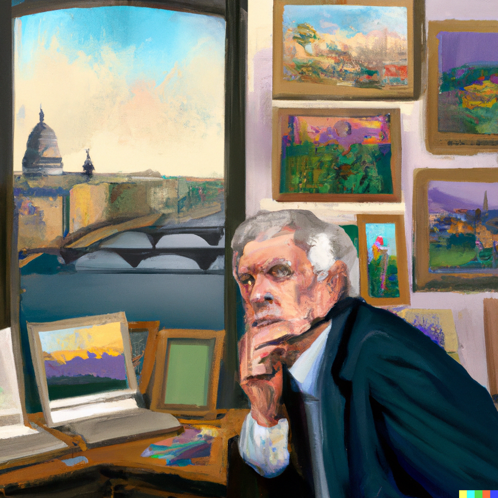 DALL·E 2022-08-20 12.45.29 - an overworked travel agent with grey hair in an office with a window looking over a series of European capital monuments in the style of Paul Cezanne .png