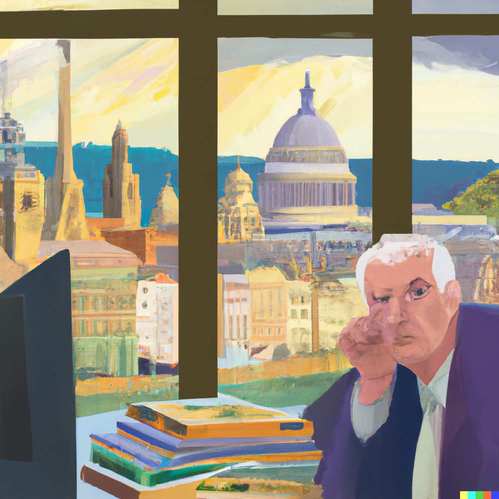 DALL·E 2022-08-20 12.45.24 - an overworked travel agent with grey hair in an office with a window looking over a series of European capital monuments in the style of Paul Cezanne .png