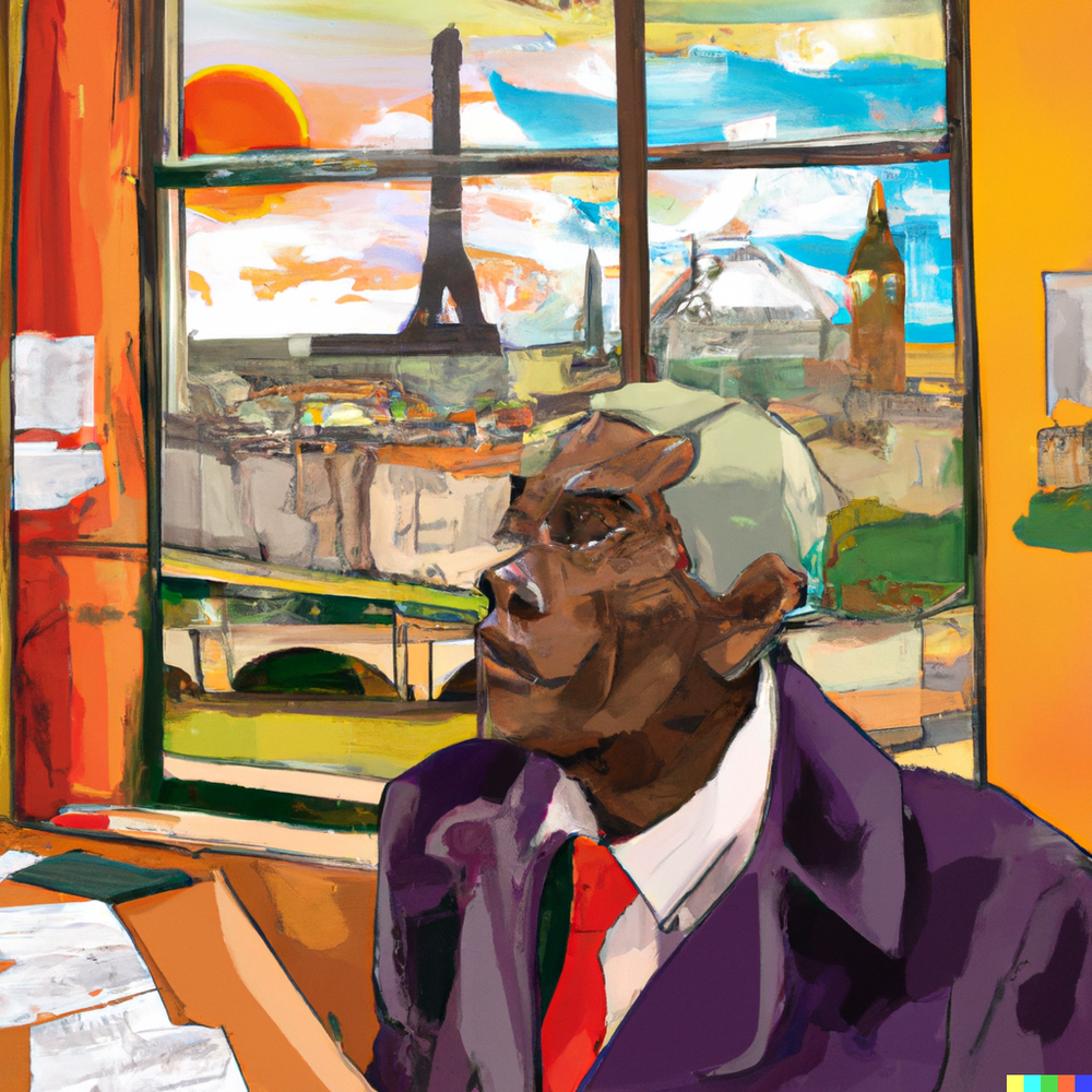 DALL·E 2022-08-20 12.45.20 - an overworked travel agent with grey hair in an office with a window looking over a series of European capital monuments in the style of Paul Cezanne .png