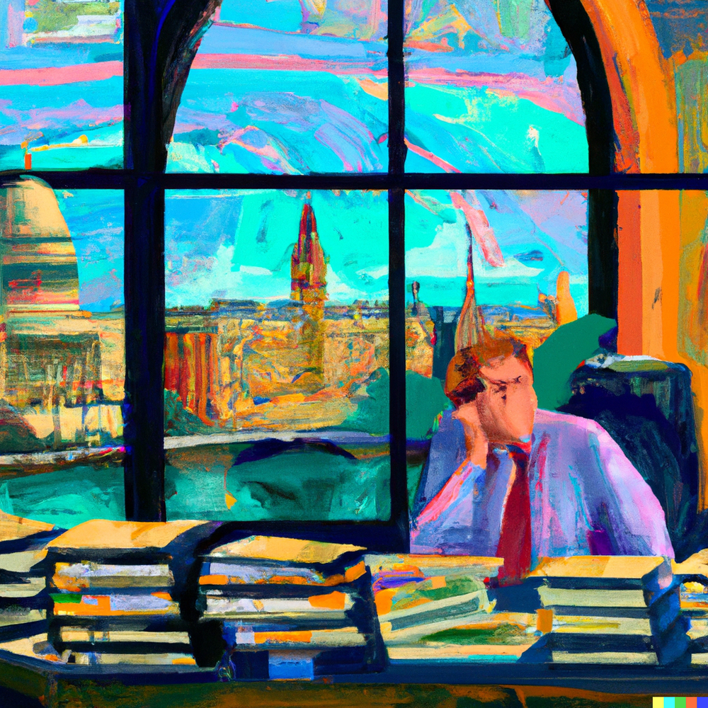 DALL·E 2022-08-20 12.43.54 - an overworked travel agent in an office with a window looking over a series of European capital monuments in the style of Paul Cezanne  digital art.png