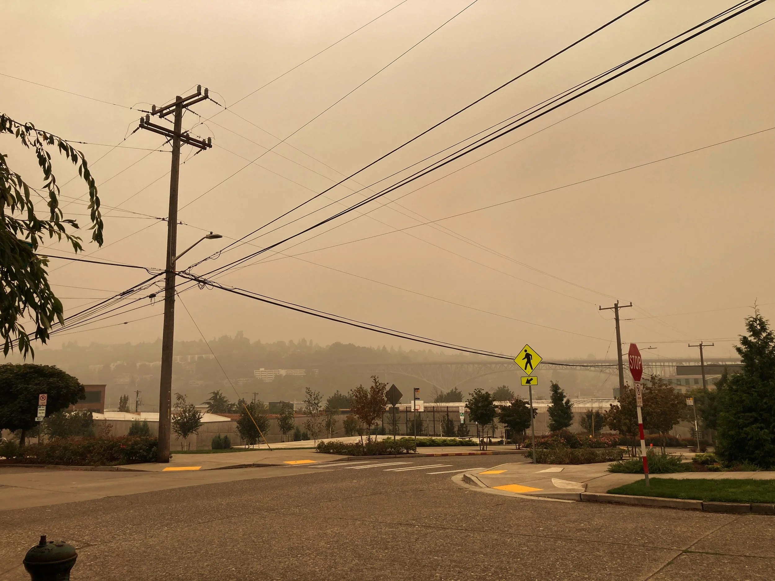 Wildfire smoke in Wallingford neighborhood looking towards Aurora Bridge, Sept 2020