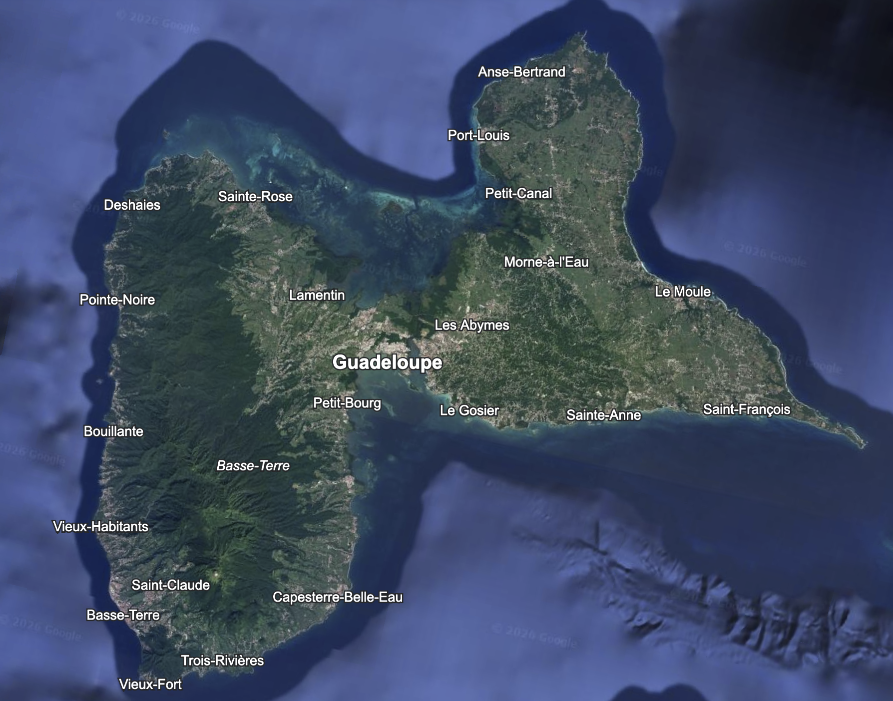 We stayed on Basse Terre, the western wing of the butterfly for the first few days.  Home base was Bouillante.  Then, we relocated to Grand Terre, the eastern wing.  Our place was near Morne-à-l'Eau 