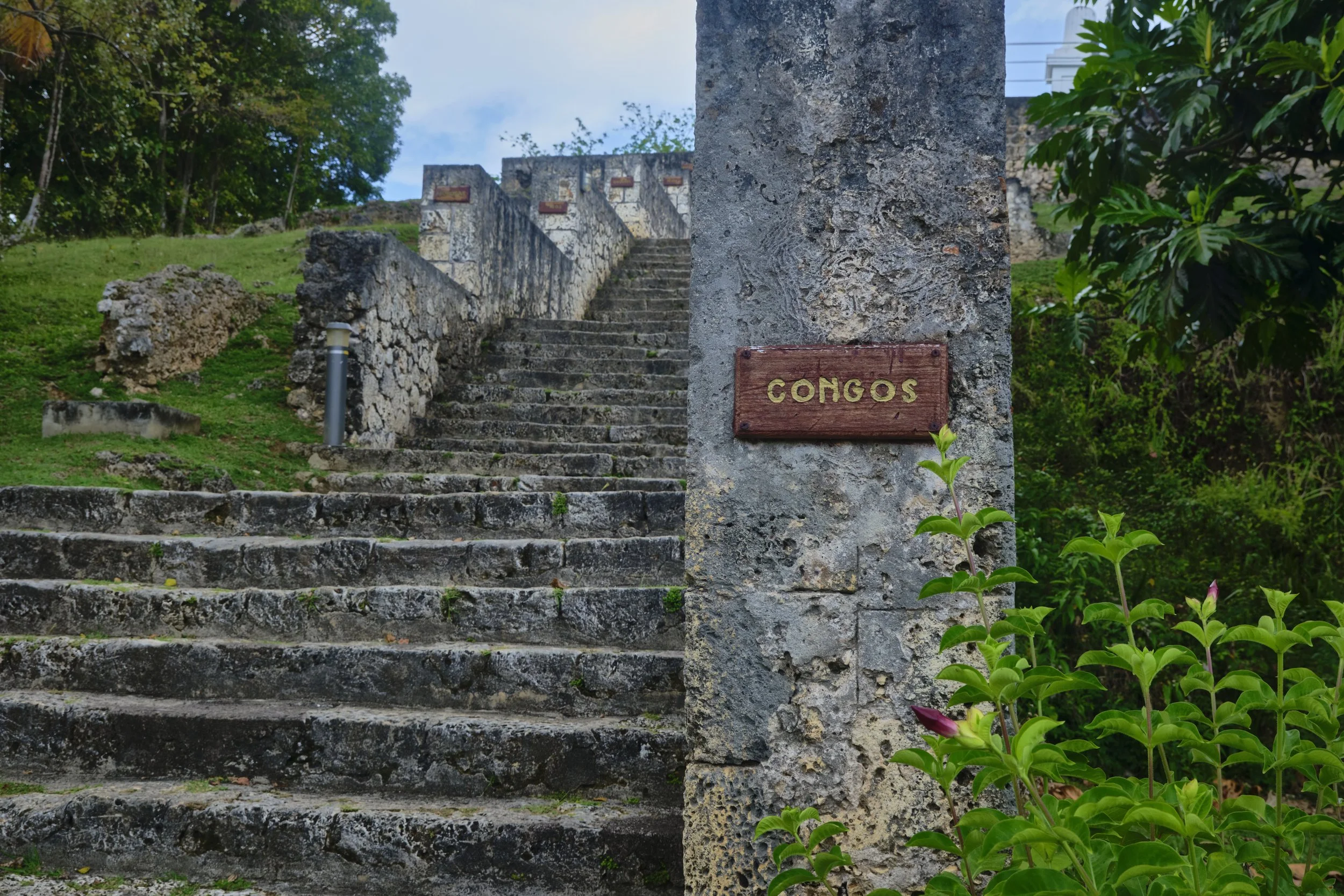 These are a recreation of the stairs that the enslaved climbed.  Now, with tribal names of those that were brought here for sale. 
