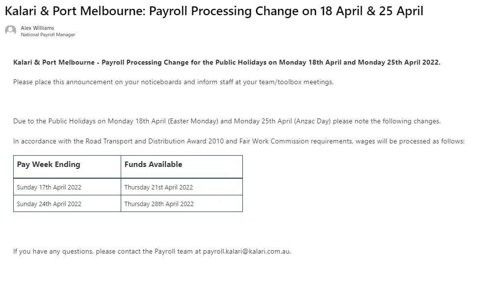Kalari & Port Melbourne - Payroll Processing Change for the Public ...
