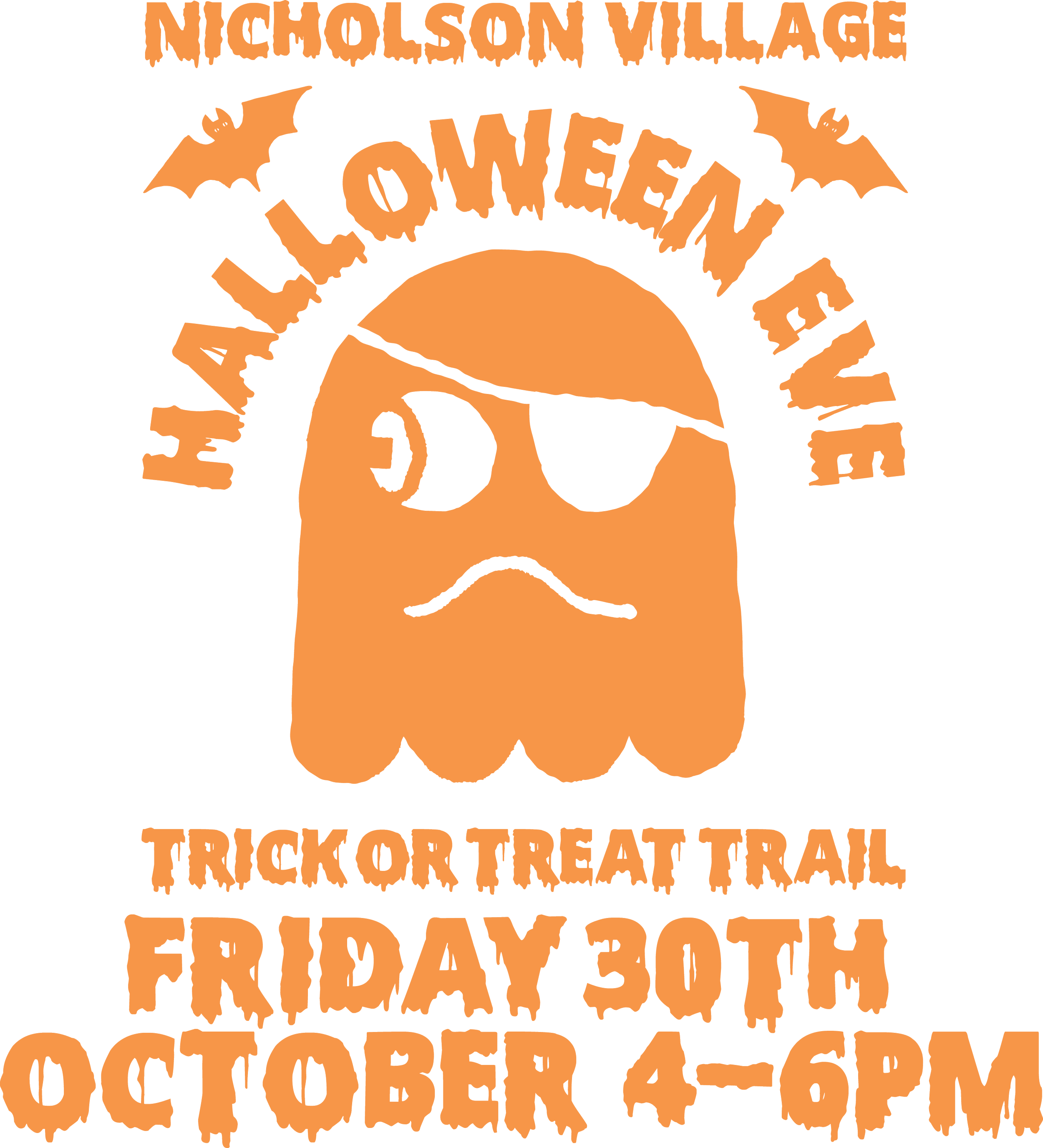 Graphic with ghost stating 'Nicholson Village Halloween Eve Trick or Treat Trail. Friday 30th October 4-6pm