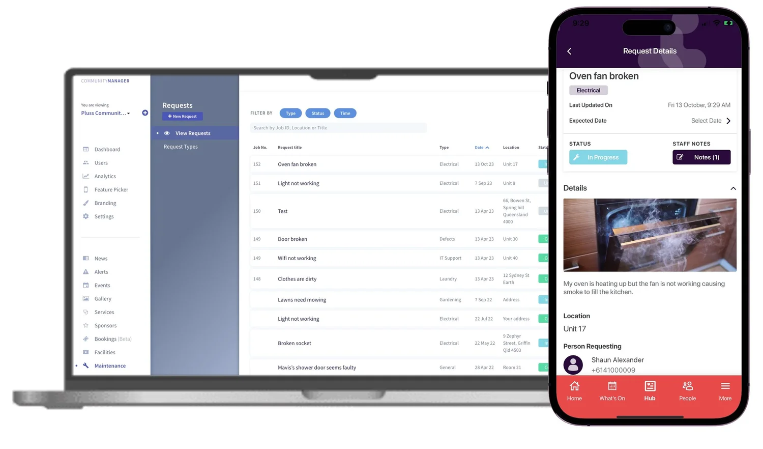 The request list in Community Manager, with a request open on a phone