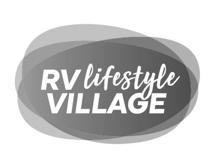 Logo with overlapping gray and black ovals and the text 'RV Lifestyle Village' in white