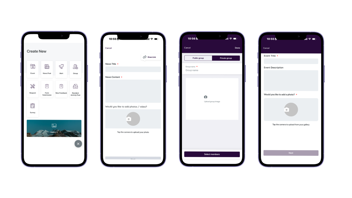 Homeowners creating posts and groups in the Pluss app