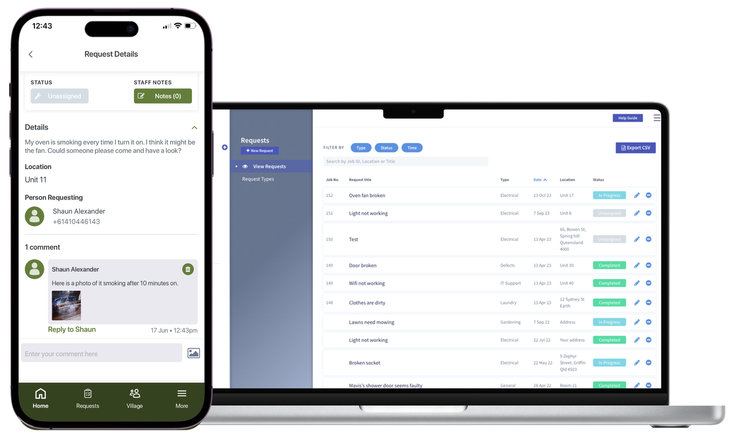 A maintenance request in the Pluss app and in Community Manager