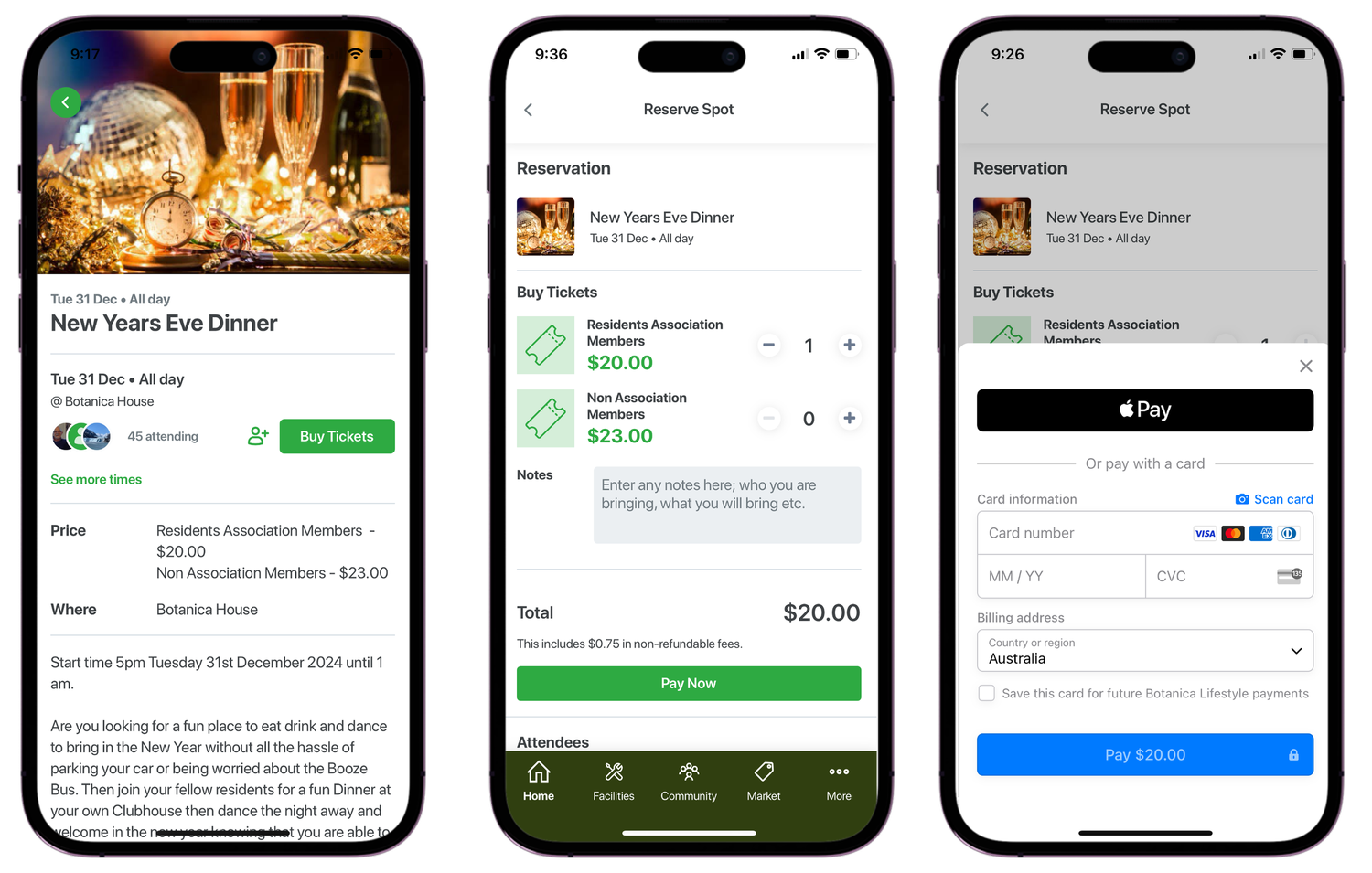 Booking and paying for an event in the Pluss app