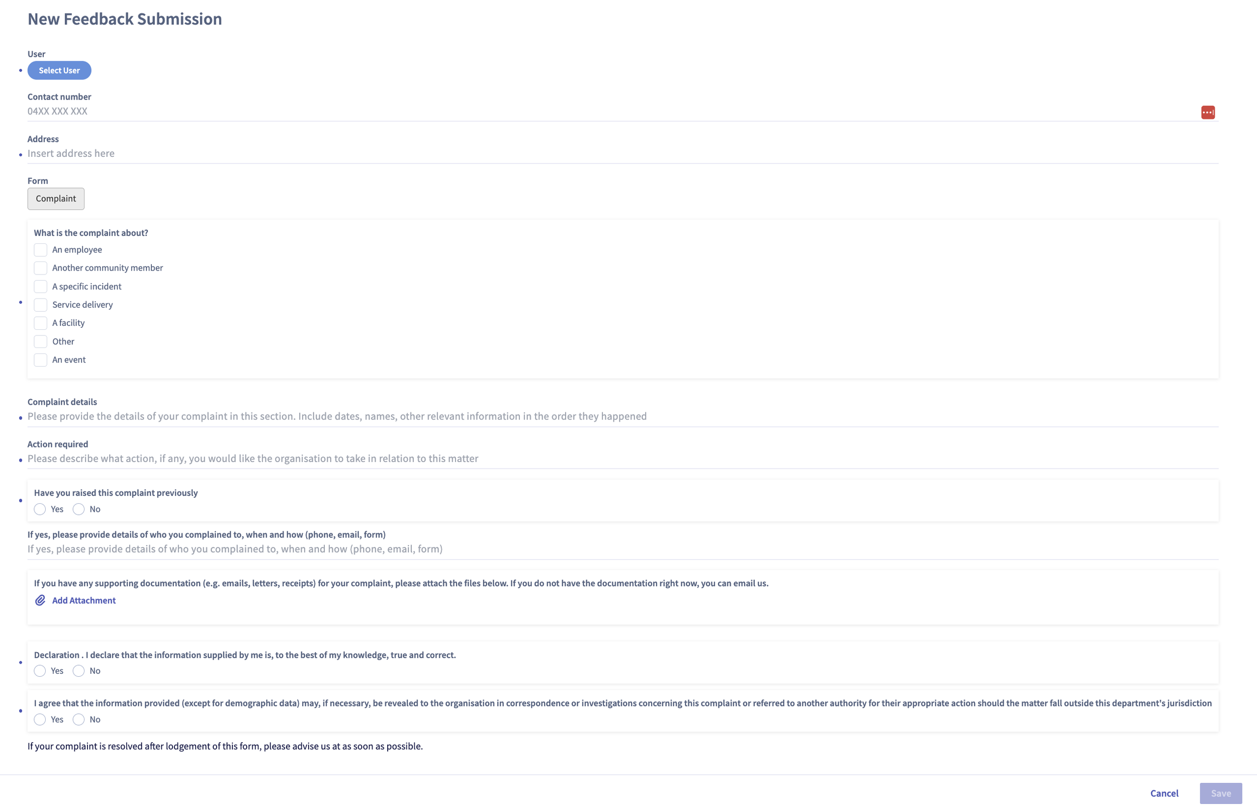New feedback complaint submission