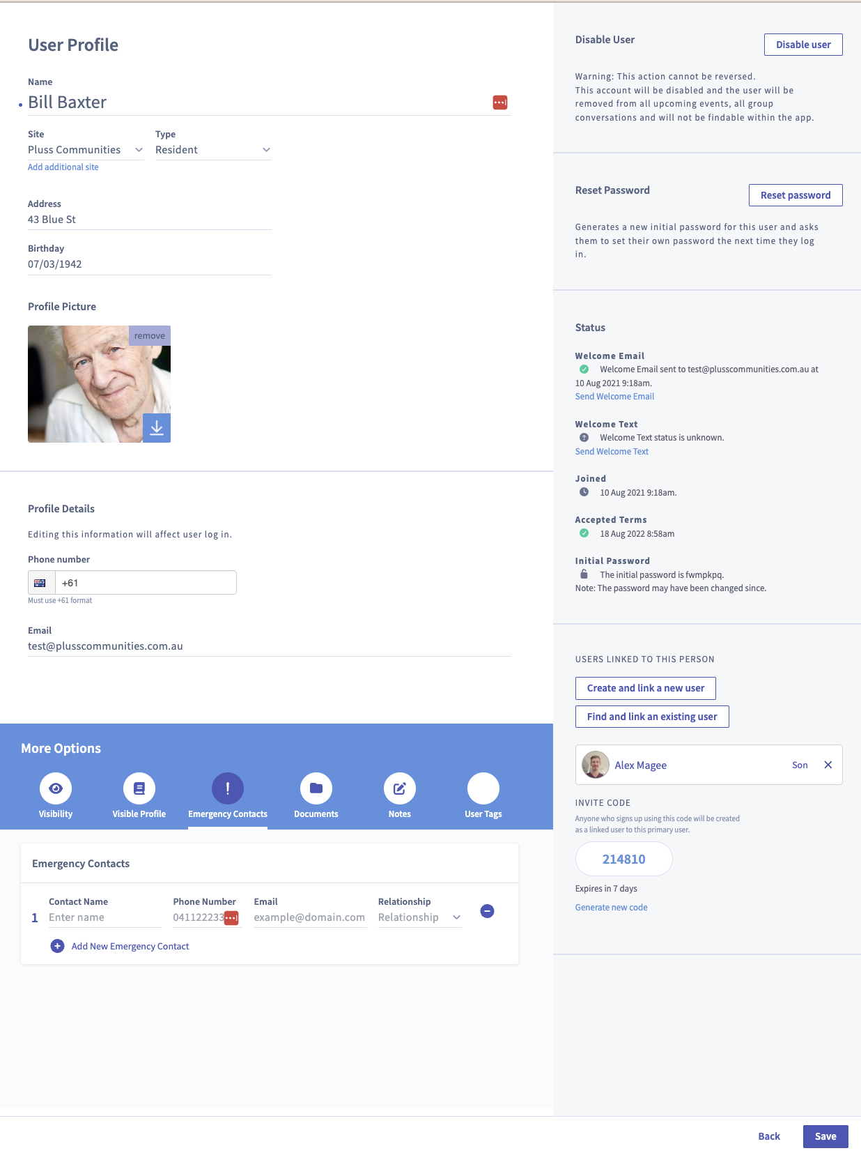 Screenshot of a user profile page on a website, showing personal details like name, site, user type, address, birthday, profile picture, contact info, and emergency contacts, with options for additional settings and actions.