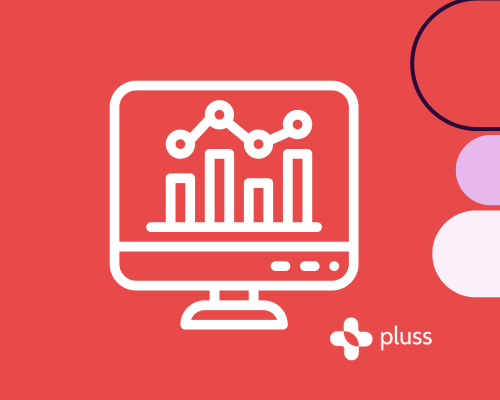 Icon of a computer monitor displaying a line and bar graph, with the Plusss logo in the bottom right corner, on a red background with circular design elements.