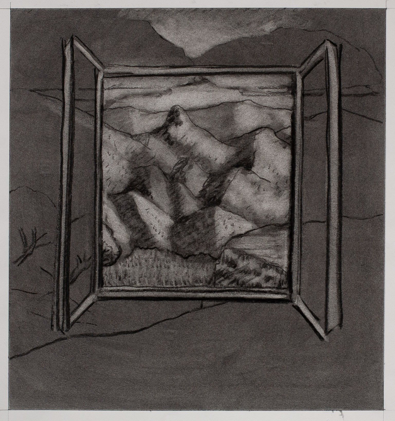  Mountain Window   Charcoal on paper  16 X 15 inches  2023 