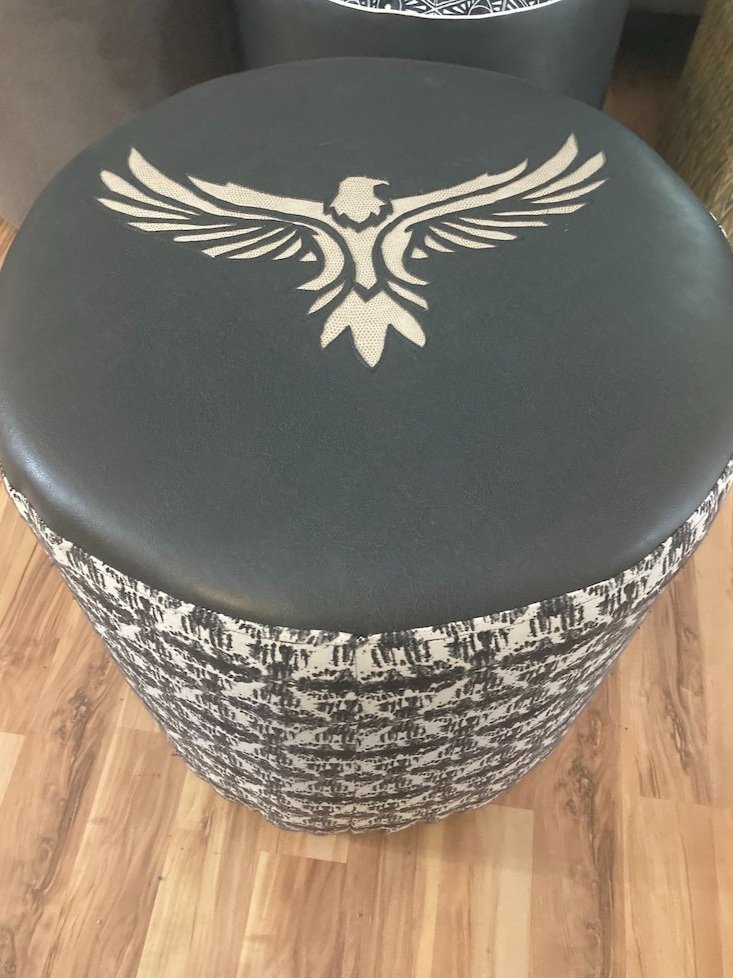 Handmade Ottoman with Phoenix Stencil with grey and white vegan leather and a black and white patterned fabric