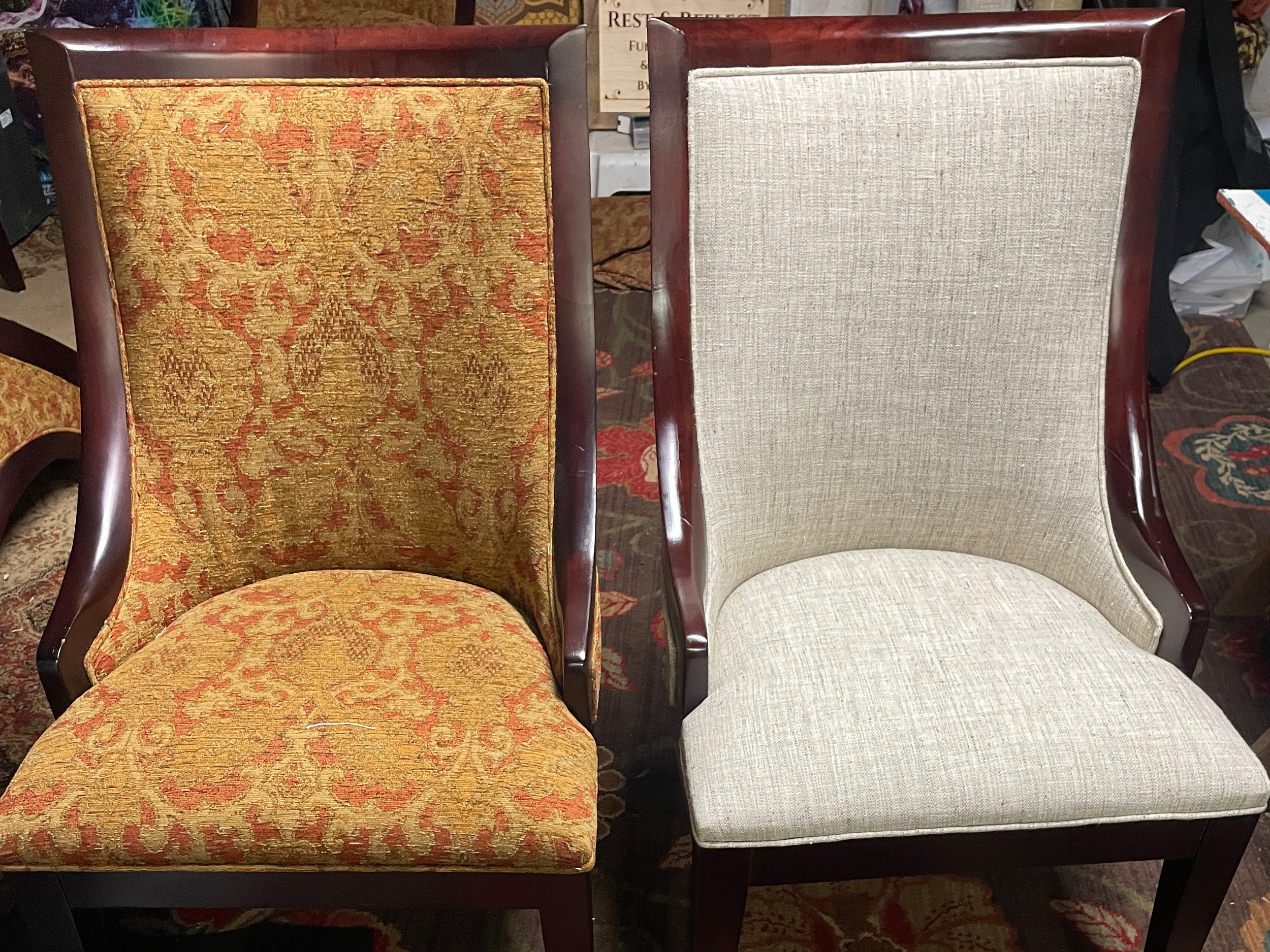 yes the before and after chairsDining chair before and after reupholstery showing original orange patterned fabric alongside new cream linen fabric, Santa Rosa CA