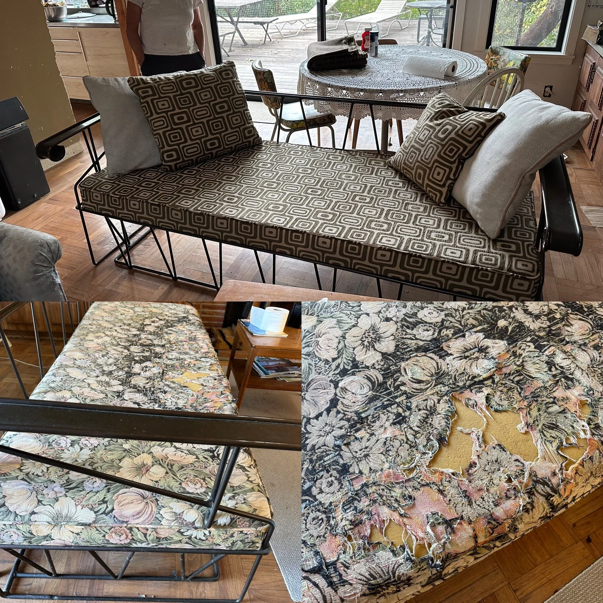 Before (bottom) and after shots of a reupholstered sofa 