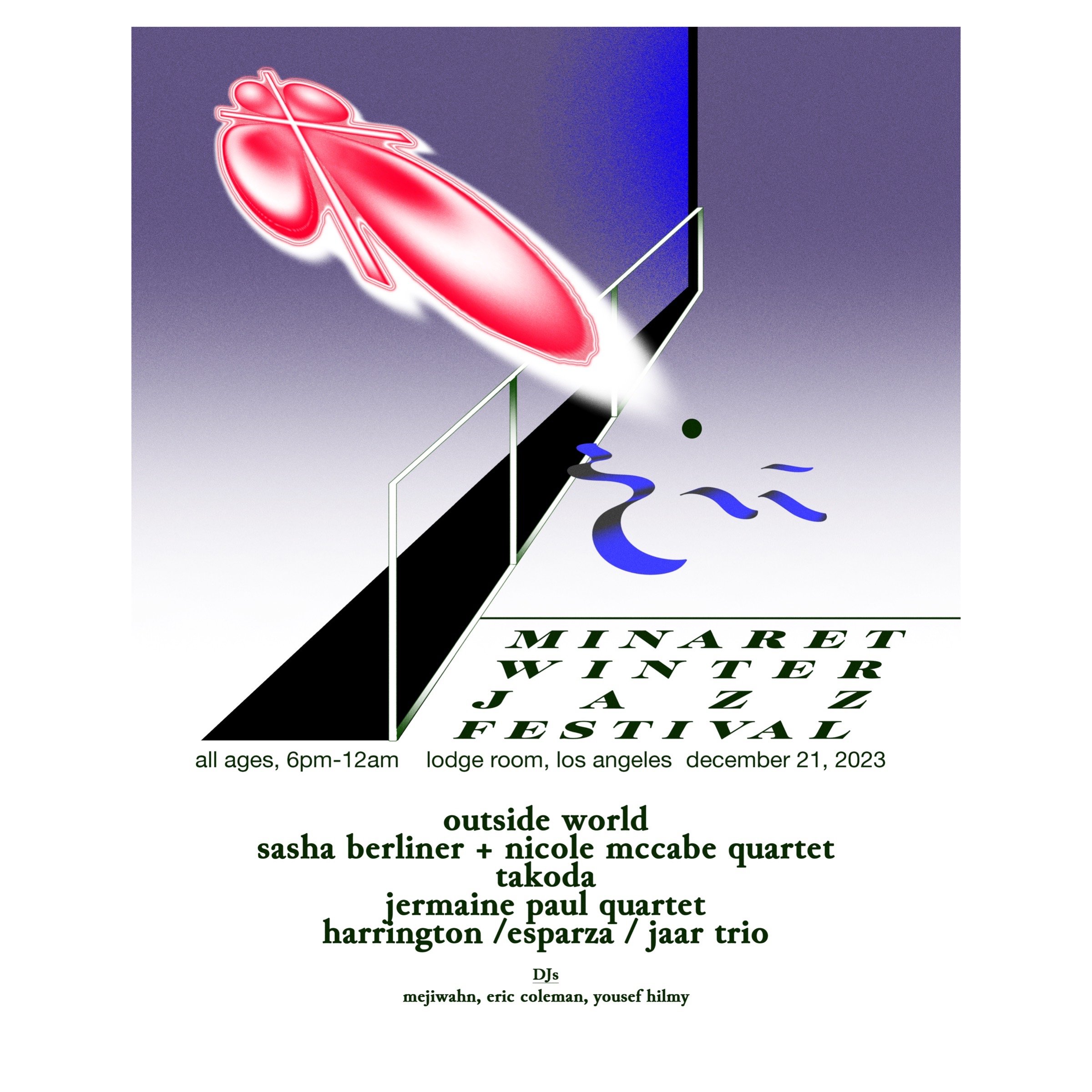 The time has come! We are more than honored to announce our second annual jazz festival — happening on December 21st at Lodge Room in Highland Park.

Performances from: Outside World Sasha Berliner + Nicole McCabe Quartettakoda + daniel haynJermaine 