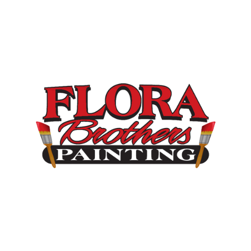 Logo for Flora Brothers Painting with red and black text and paintbrushes on either side.