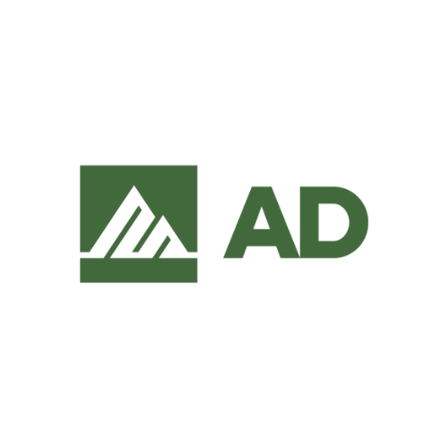 A logo with a green mountain design inside a green square, followed by bold green letters 'AD'.