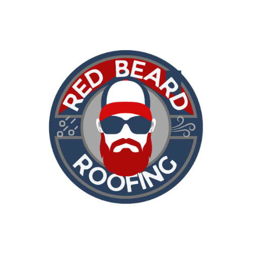Logo for Red Beard Roofing featuring a bearded man wearing sunglasses and a red headband, with a circular design and roofing elements.
