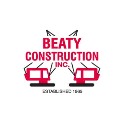 Logo for Beaty Construction Inc., established in 1965, featuring two red construction cranes with black accents.