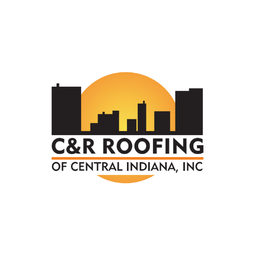 Logo for C&R Roofing of Central Indiana, Inc., featuring a black city skyline silhouette with a yellow and orange sunset in the background.