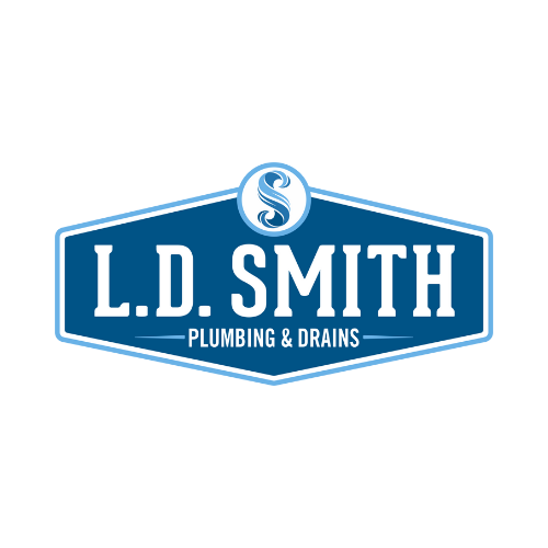 Logo for L.D. Smith Plumbing & Drains featuring a blue shield with a stylized 'S' at the top.