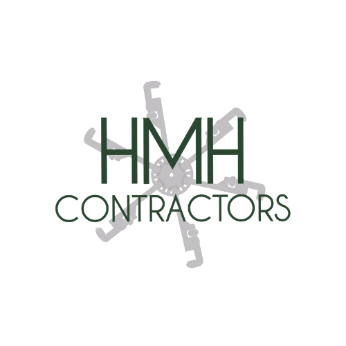 Logo for HMH Contractors with stylized gears in the background