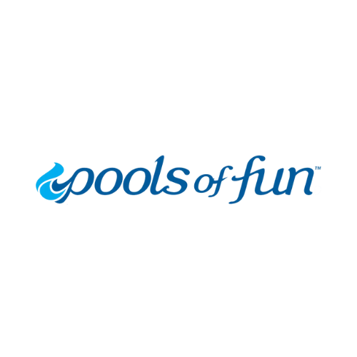 The logo for Pools of Fun with blue text and a stylized wave design.